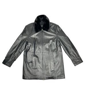 Centigrade Women's Large Black Leather Coat Jacket Removable Collar Excellent